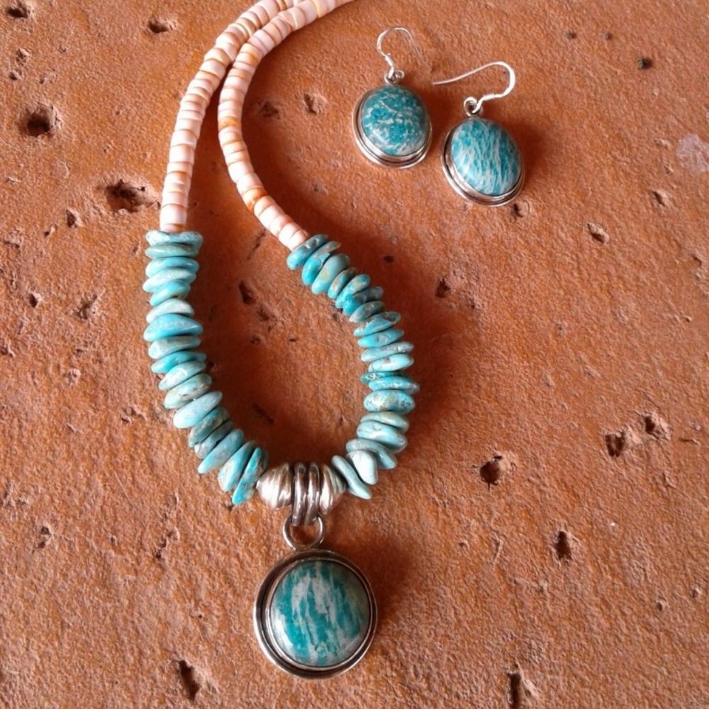 Sterling Silver Turquoise AMAZONITE necklace Set - Picture 10 of 11